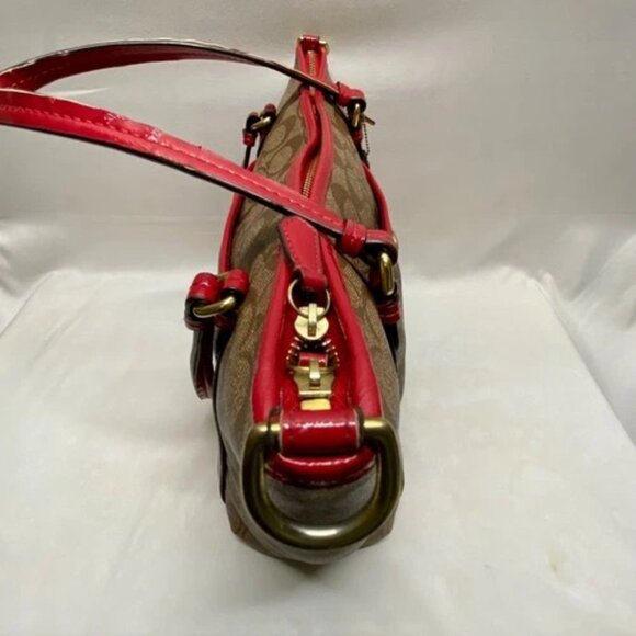 Coach Peyton Signature Large Pocket Tote Khaki Red Trim Rare F25504 Worn Handles - Picture 5 of 15